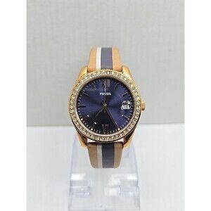Fossil Scarlette Mini ES4594 Rose Gold Blue Dial Leather Watch New Battery Small